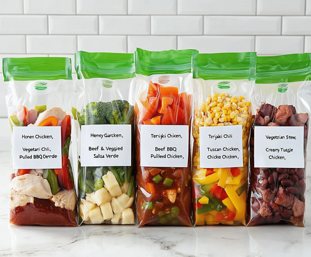 7 Crockpot freezer meals in 20 minutes stacked and labeled