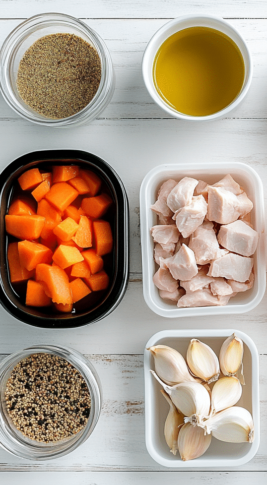 Ingredients to prep 7 crockpot freezer meals in 20 minutes on white table

