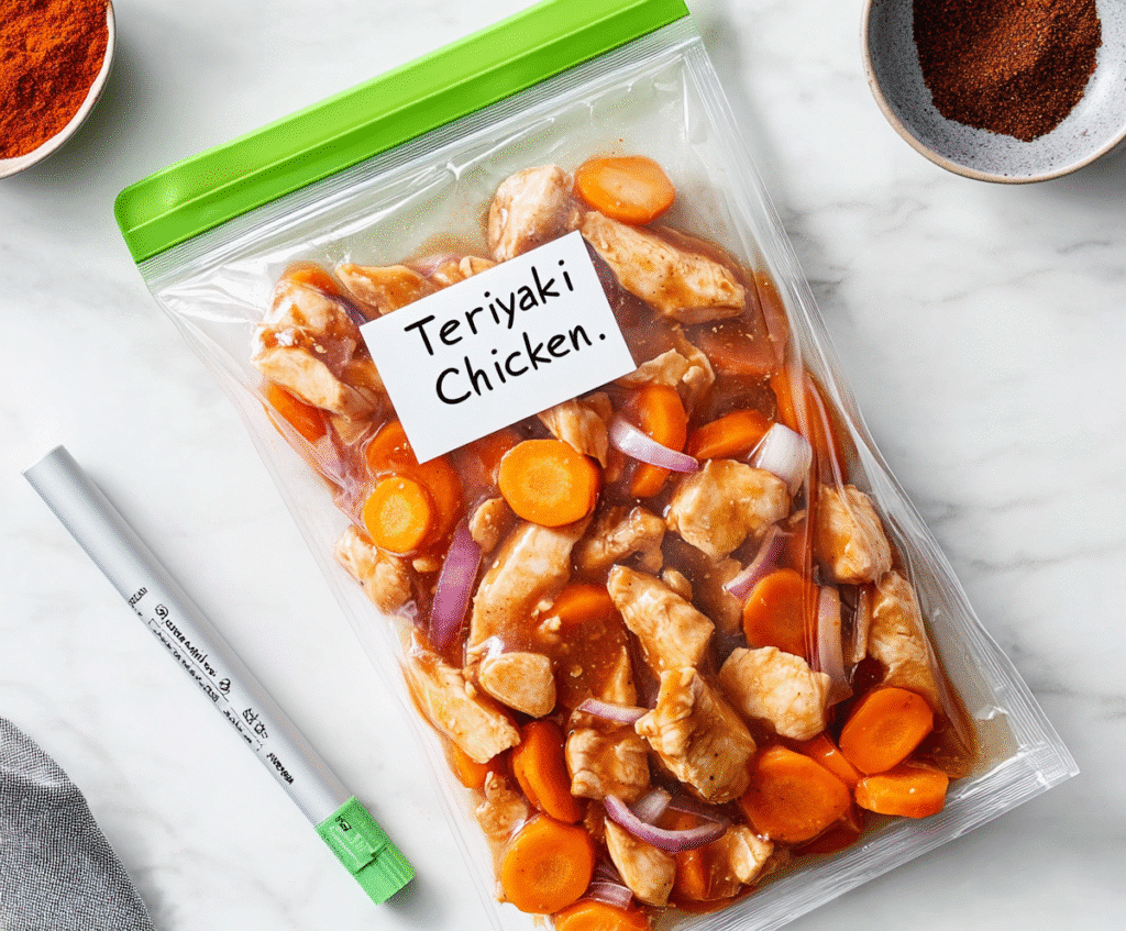 Step-by-step prep for 7 crockpot freezer meals in 20 minutes