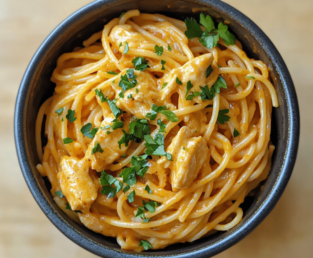 Crockpot Chicken Spaghetti served in a bowl