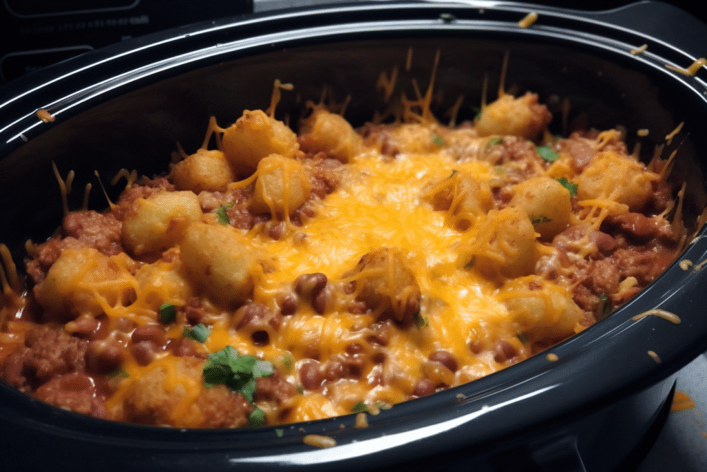 rintable recipe card with ingredients and steps for Crockpot Taco Tater Tot Casserole Caption: Crockpot Taco Tater Tot Casserole recipe – print, save, and share