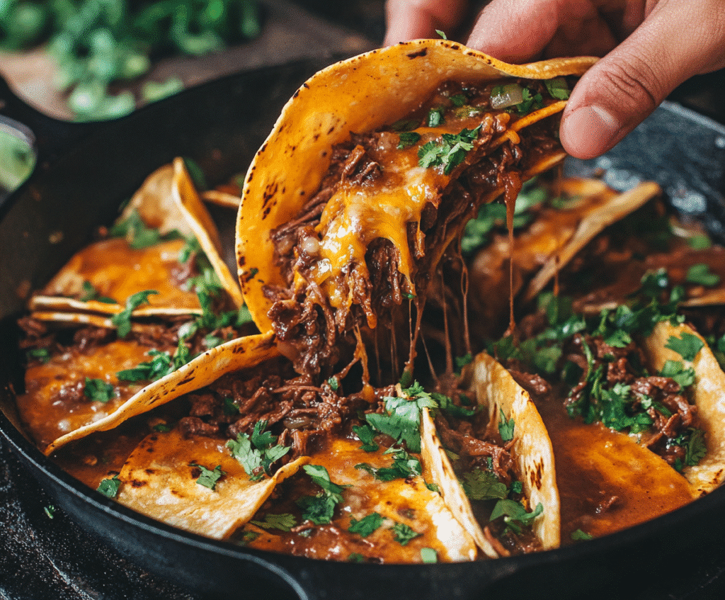 Served Slow Cooker Birria Tacos with consommé and toppings