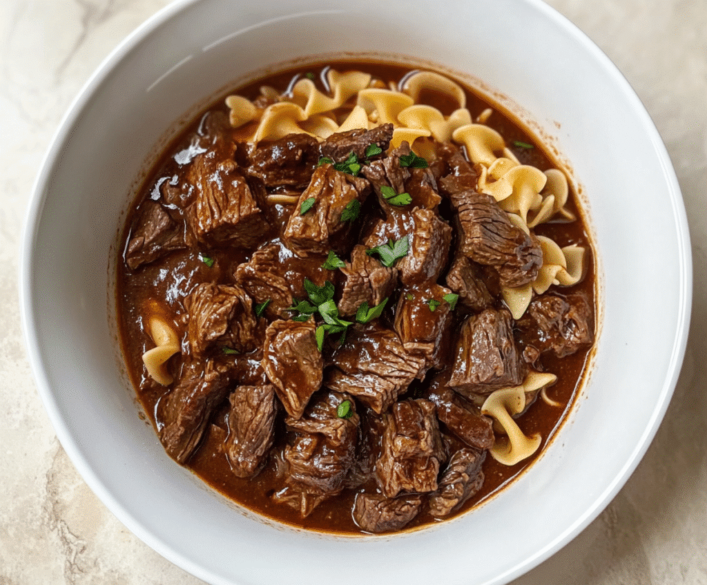 Bowl of Crockpot Beef Tips and Noodles with parsley on top