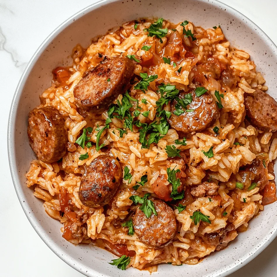 Crockpot Cheesy Sausage and Rice in a white ceramic bowl