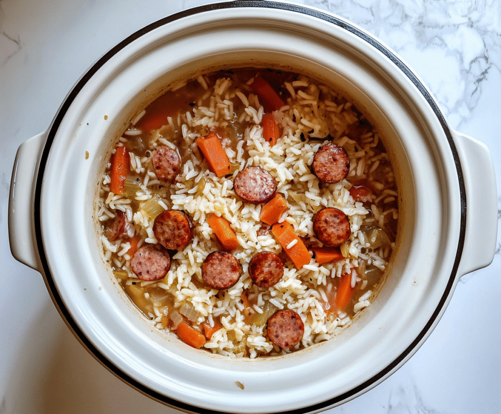 Uncooked Crockpot Cheesy Sausage and Rice before slow cooking