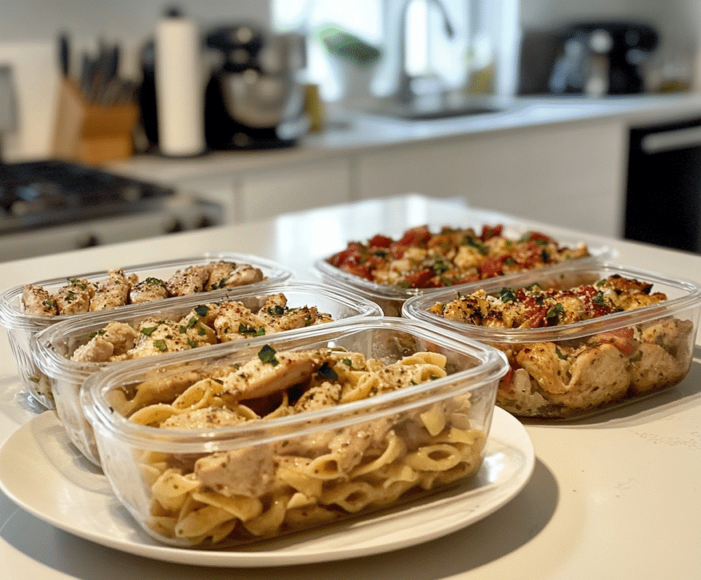 Stored Crockpot Garlic Parm Chicken Pasta in meal prep containers
