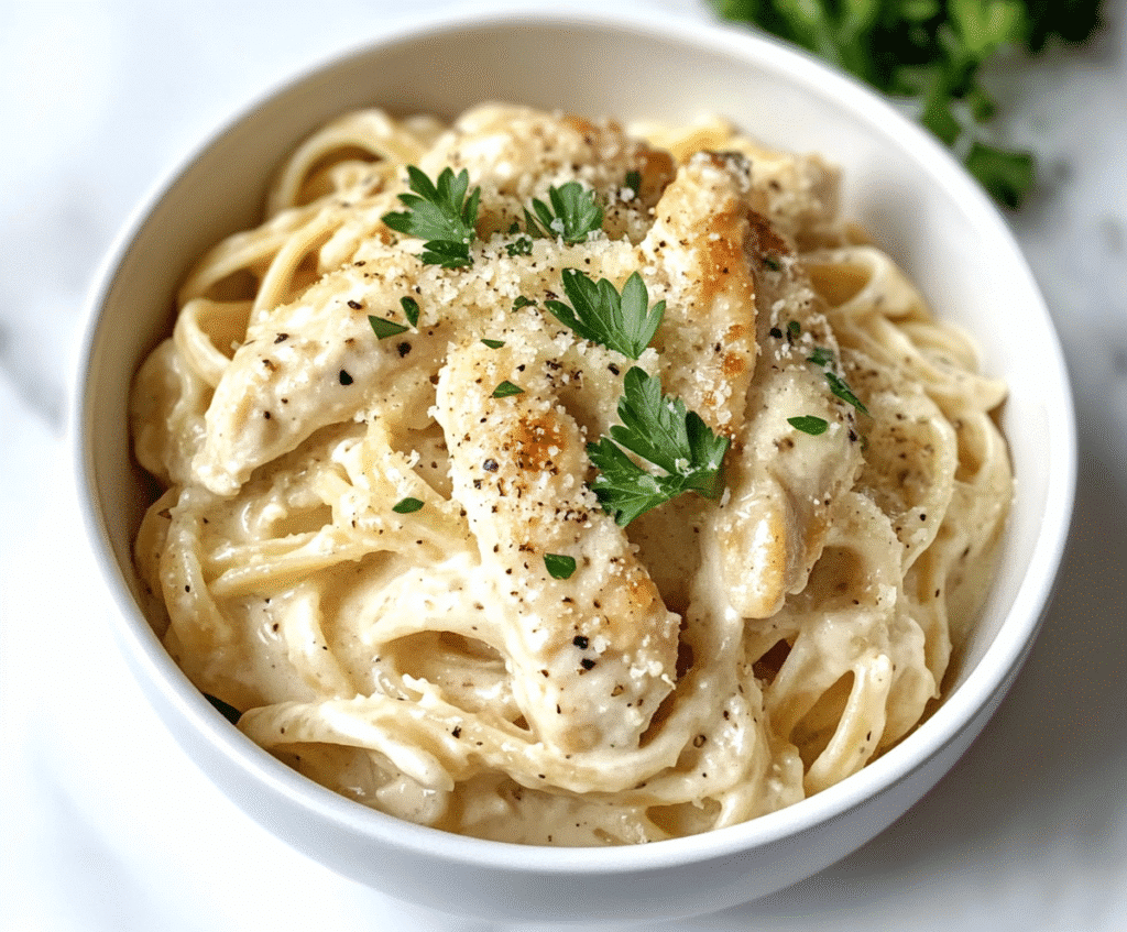 Crockpot Garlic Parm Chicken Pasta served in white bowl