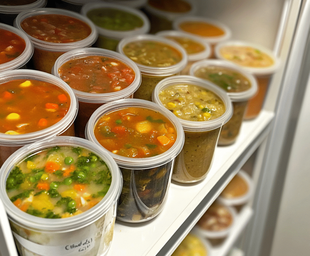 Meal-prepped dump-and-go crockpot soups stored in freezer containers