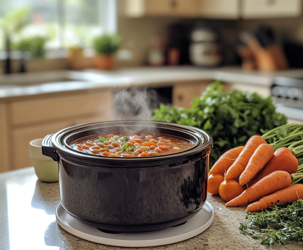 Slow cooker ready for dump-and-go crockpot soups on a busy morning
