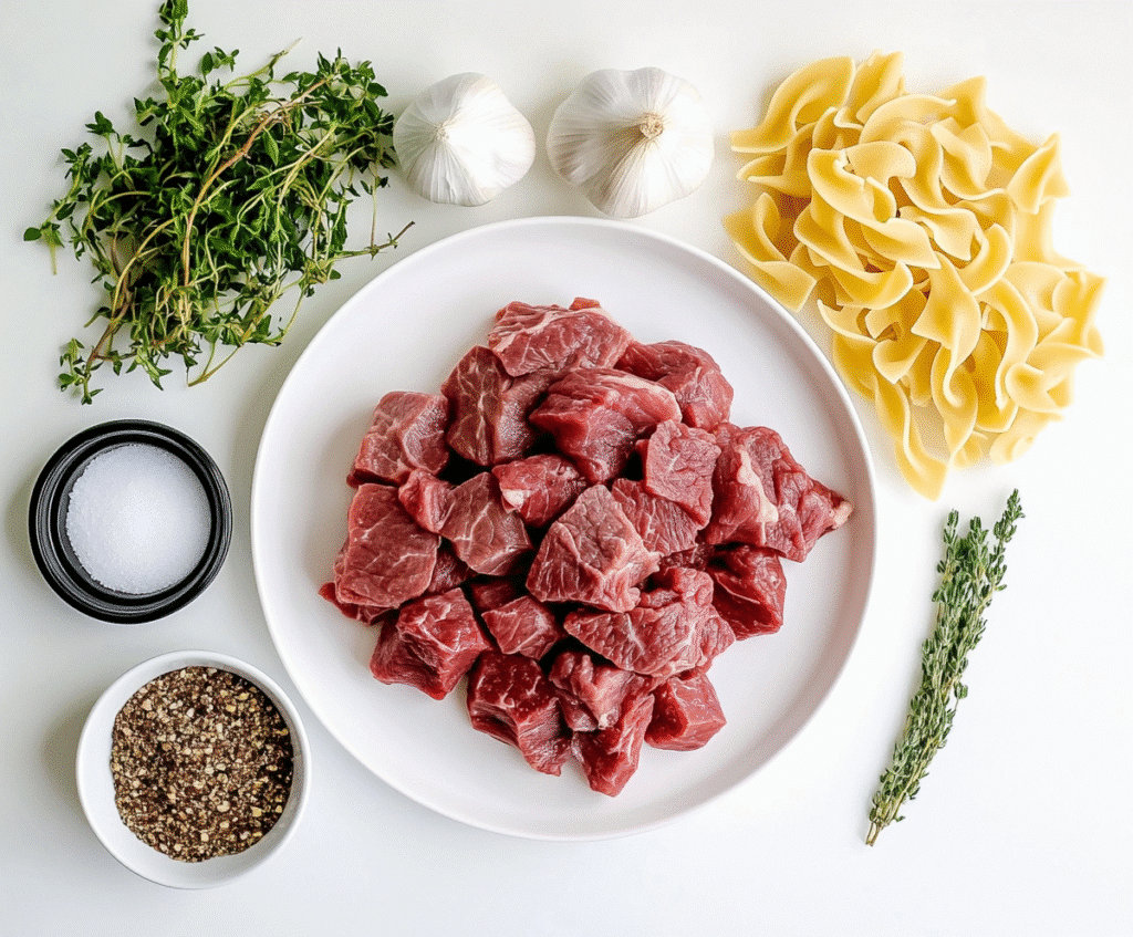 Ingredients laid out for Crockpot Beef Tips and Noodles on a kitchen counter