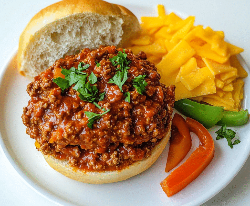 Served Slow Cooker Sloppy Joe Stack with side salad and melted cheese

