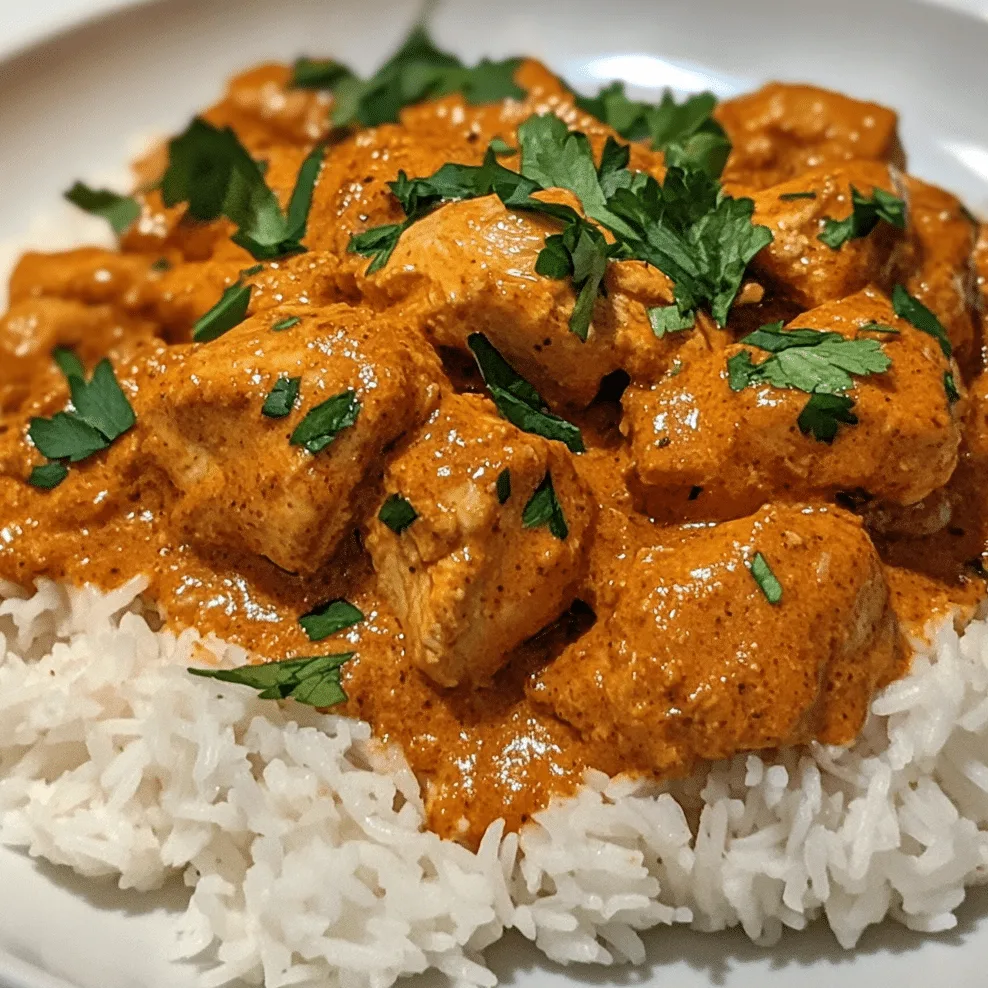Crockpot Butter Chicken &amp; Rice in a rustic ceramic bowl