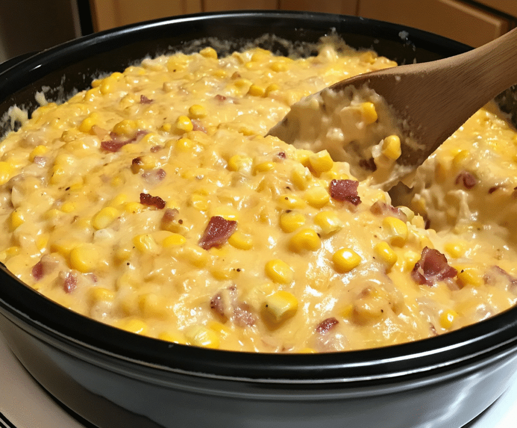 Slow Cooker Crack Corn Dip mid-cook, cheese melting in crockpot