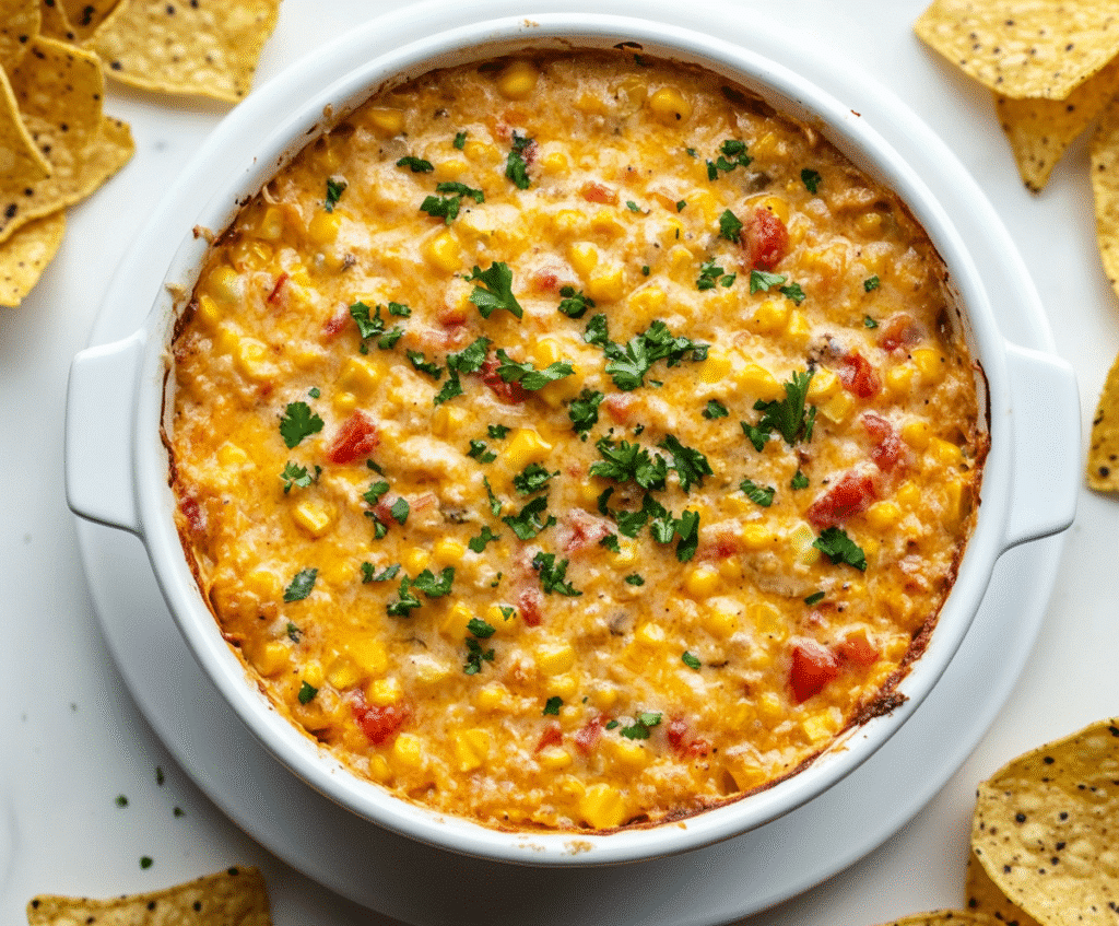Slow Cooker Crack Corn Dip served warm in a crockpot with chips