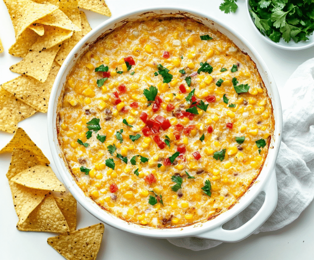 Served Slow Cooker Crack Corn Dip with chips and garnish