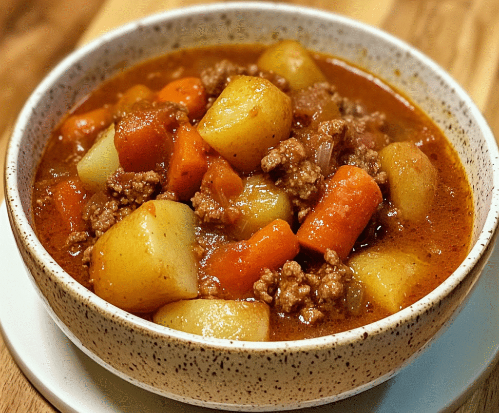 Ingredients layered inside a slow cooker for Poor Man’s Stew