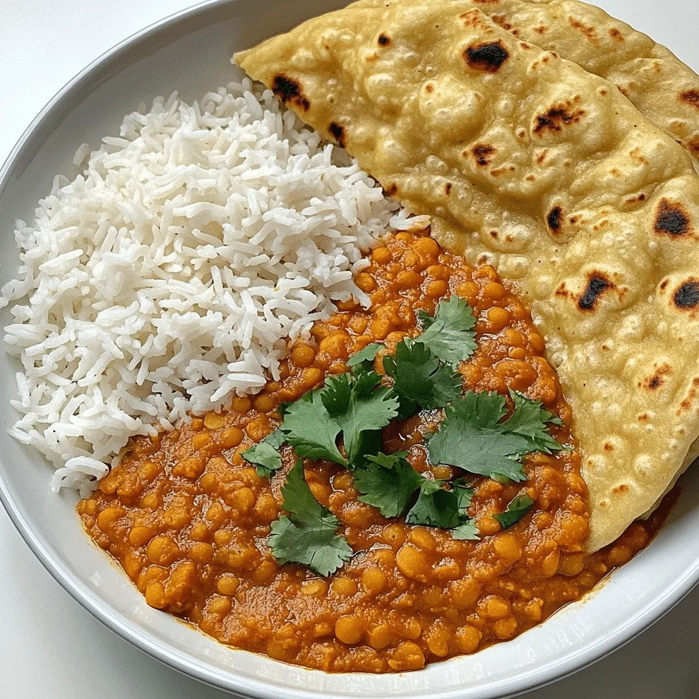 Slow Cooker Red Lentil Curry with rice and naan on a rustic table