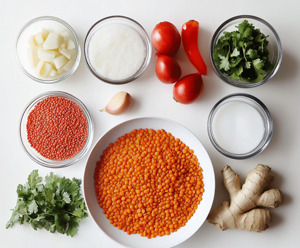 Ingredients for Slow Cooker Red Lentil Curry arranged on a counter