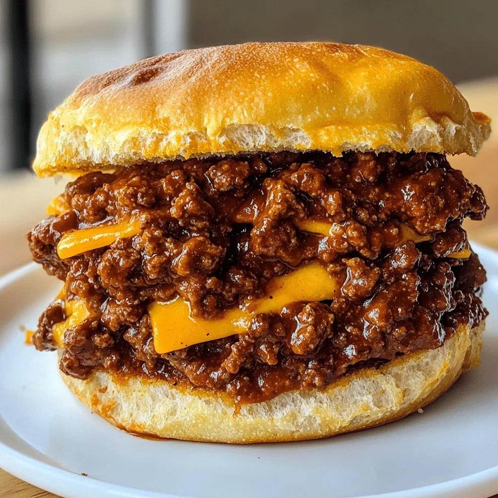 Slow Cooker Sloppy Joe Stacks served hot with melted cheese and toasted layers