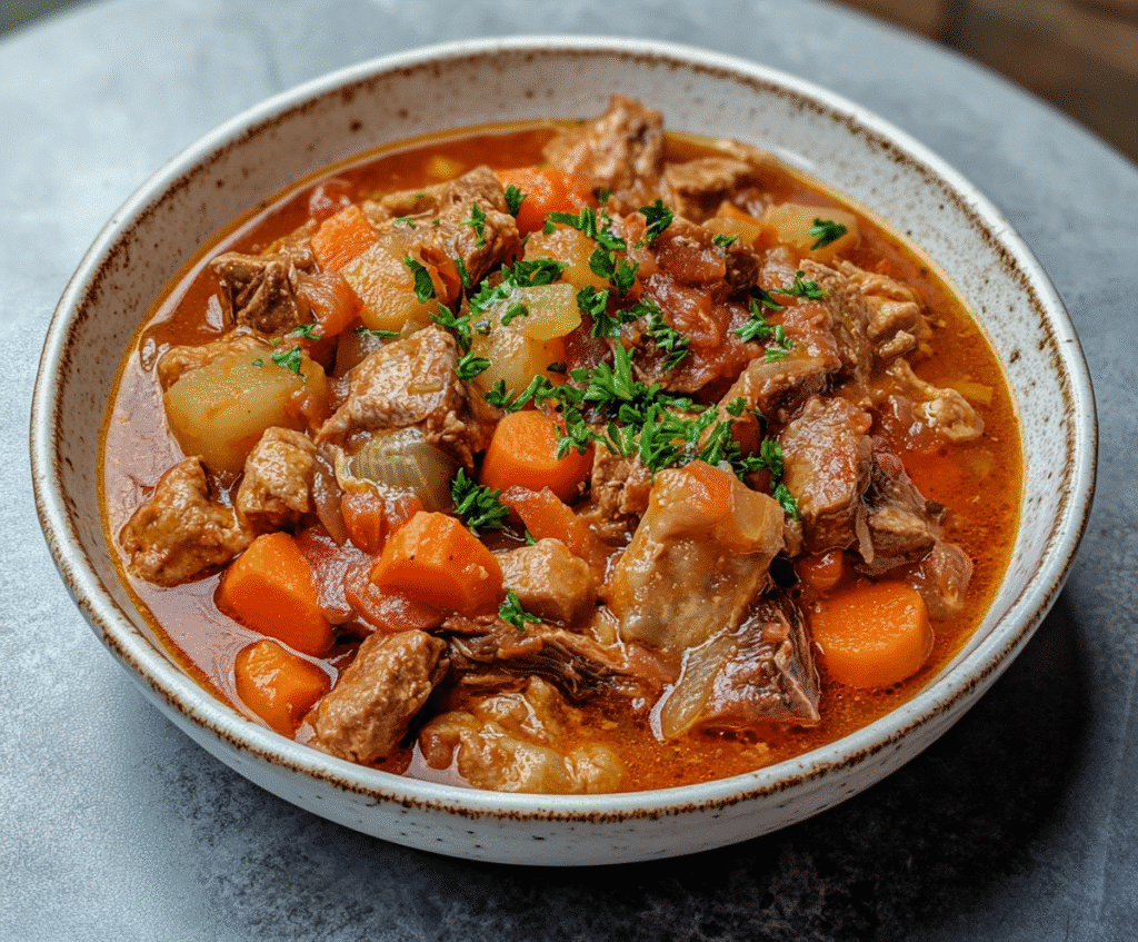 Slow Cooker Tripe Stew served in a dinner bowl