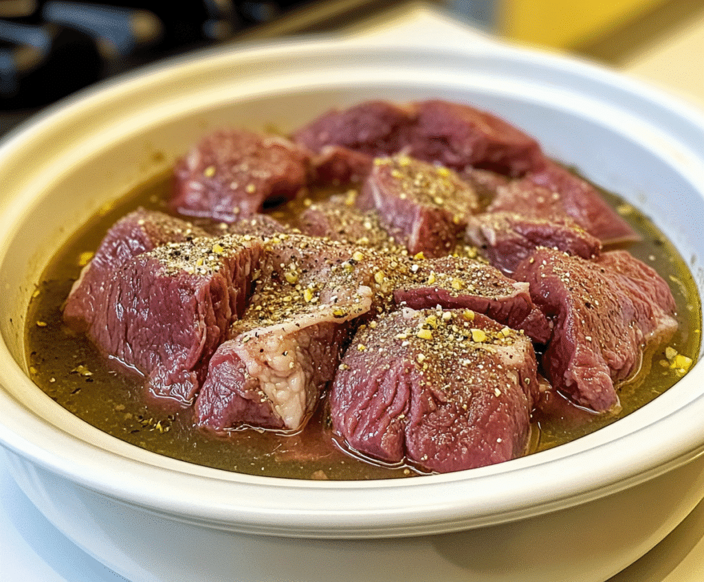 Seasoned beef and broth in a crockpot, ready to cook