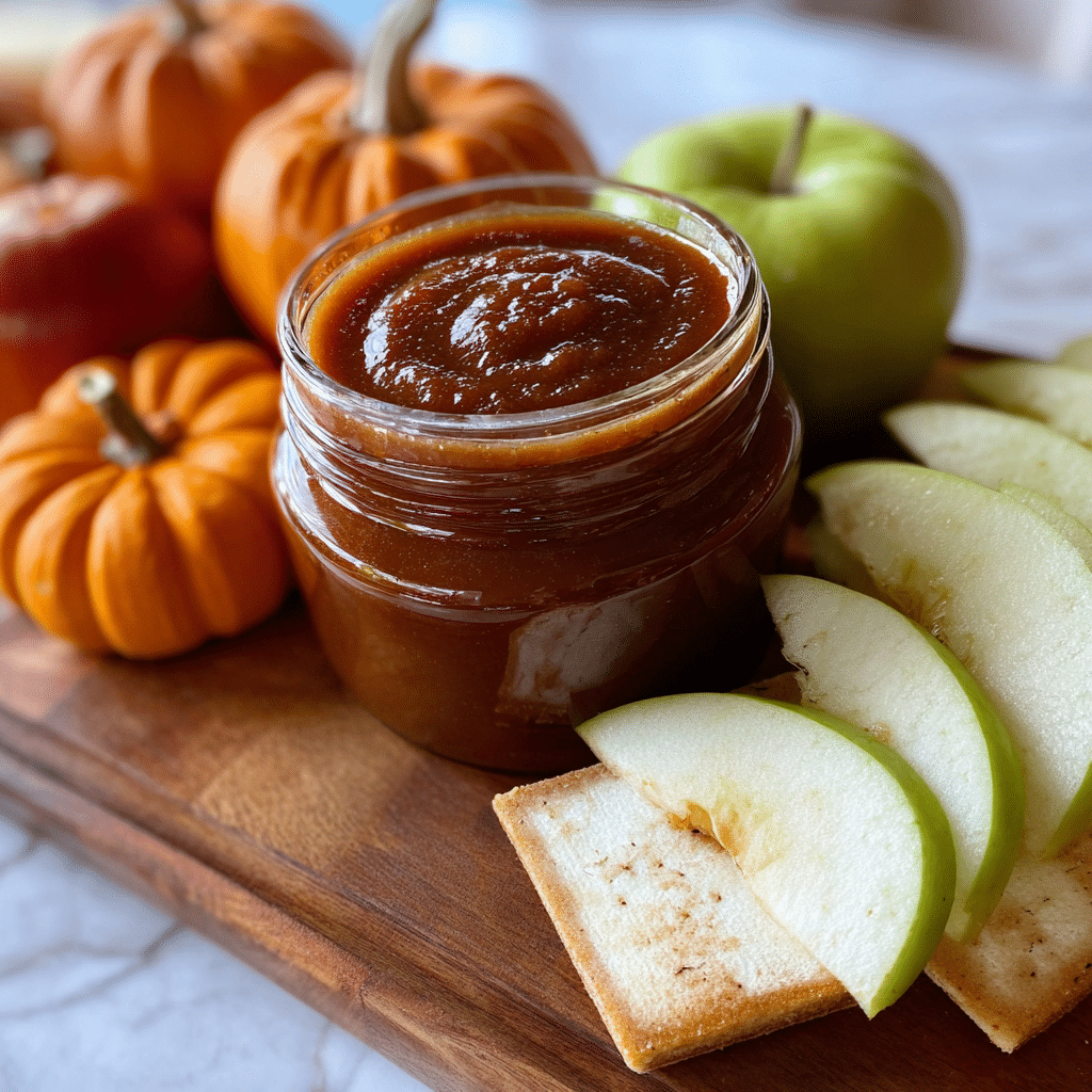 Apple-pumpkin butter in a jar with fresh apple slices