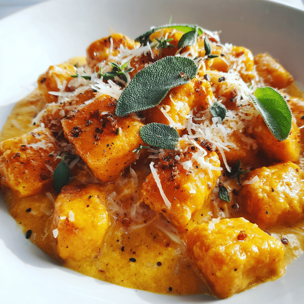 Serving of baked pumpkin gnocchi with sage and salad.