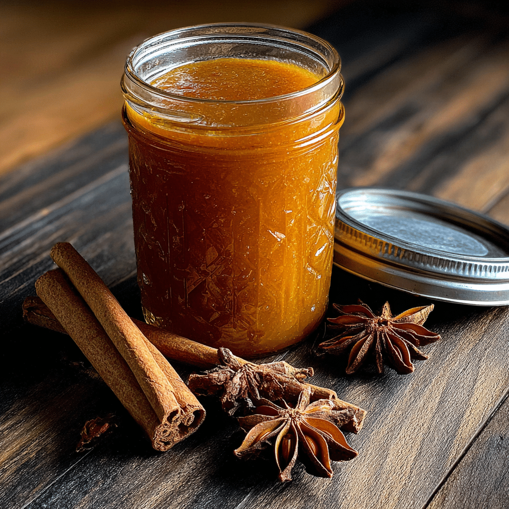 Bourbon pumpkin butter with a small glass of bourbon beside it