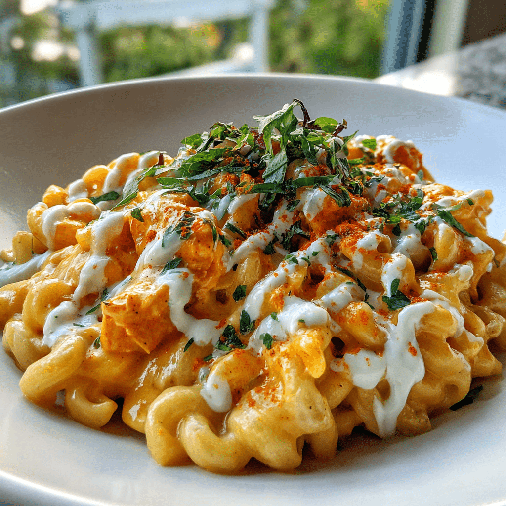 Bowl of Slow Cooker Buffalo Chicken Mac & Cheese with garnish