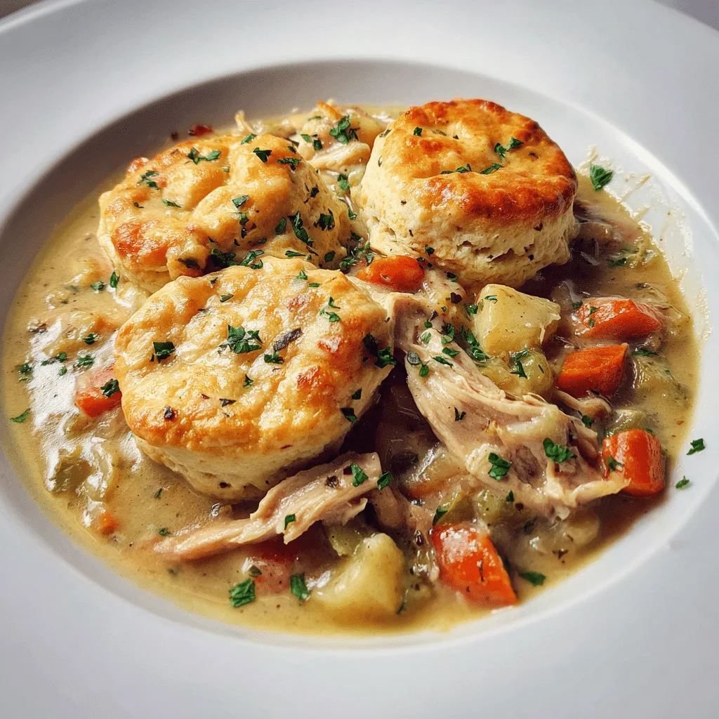 Slow cooker chicken and dumplings with biscuits in a bowl