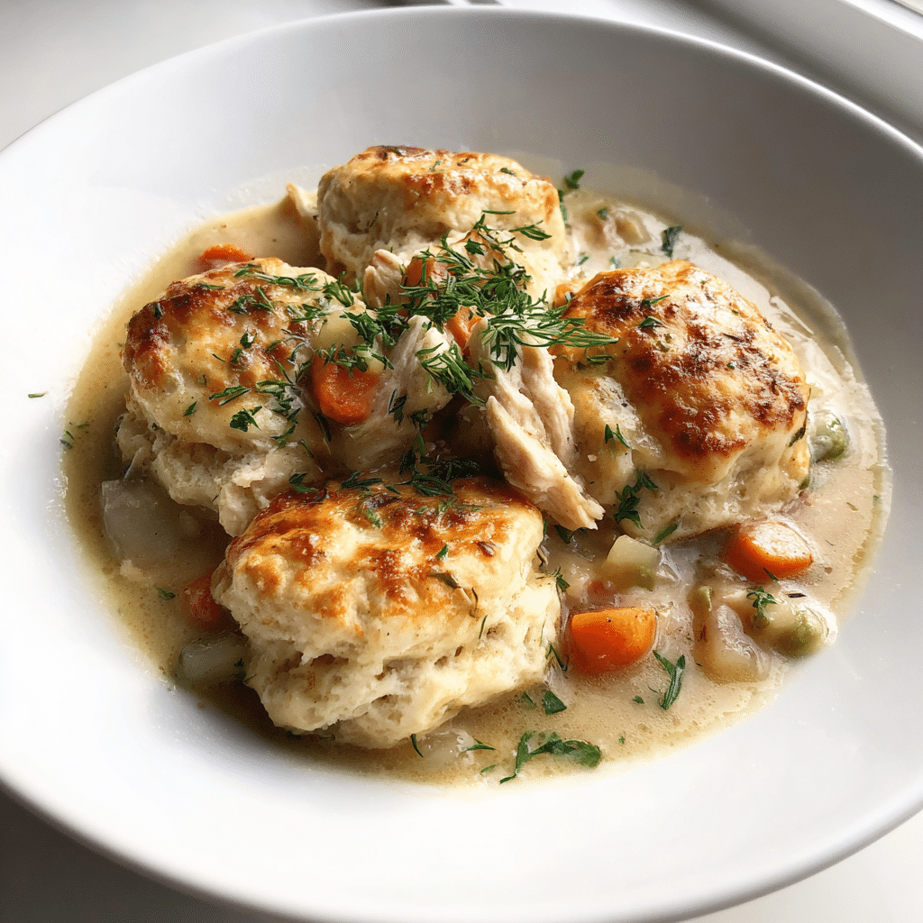 Serving bowl of slow cooker chicken and dumplings with biscuits