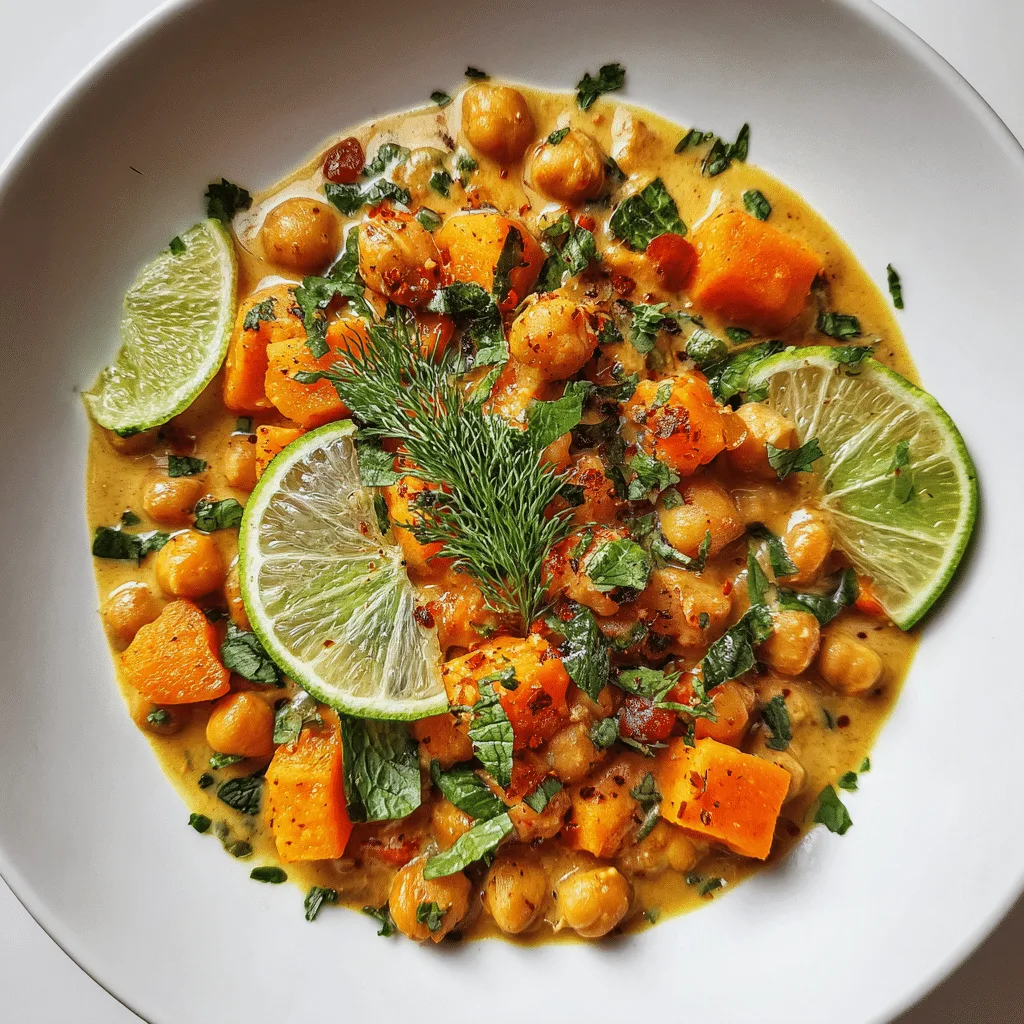 Pumpkin Coconut Curry Chickpeas in a rustic bowl
