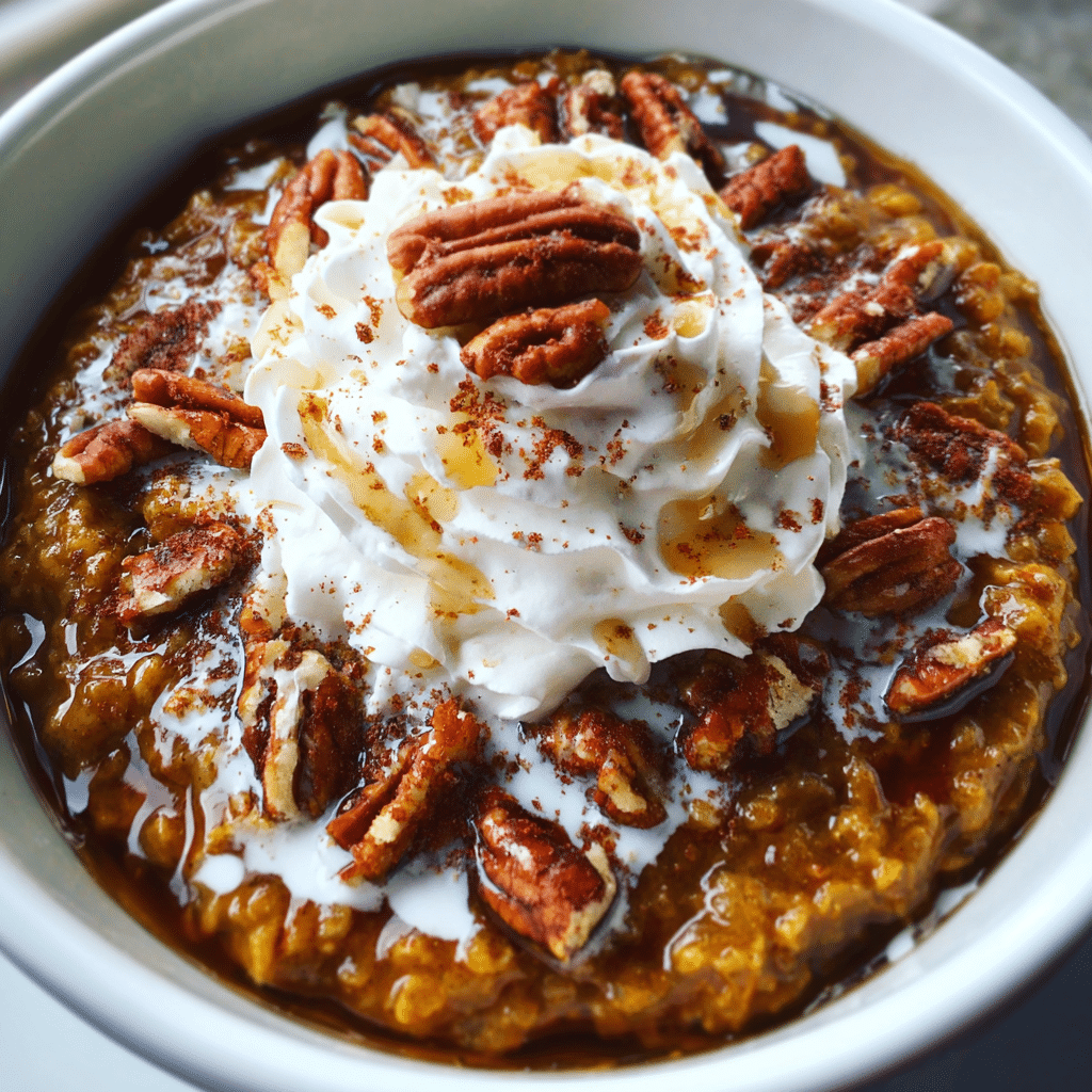 Cooked pumpkin pie oatmeal in slow cooker with cinnamon stick
