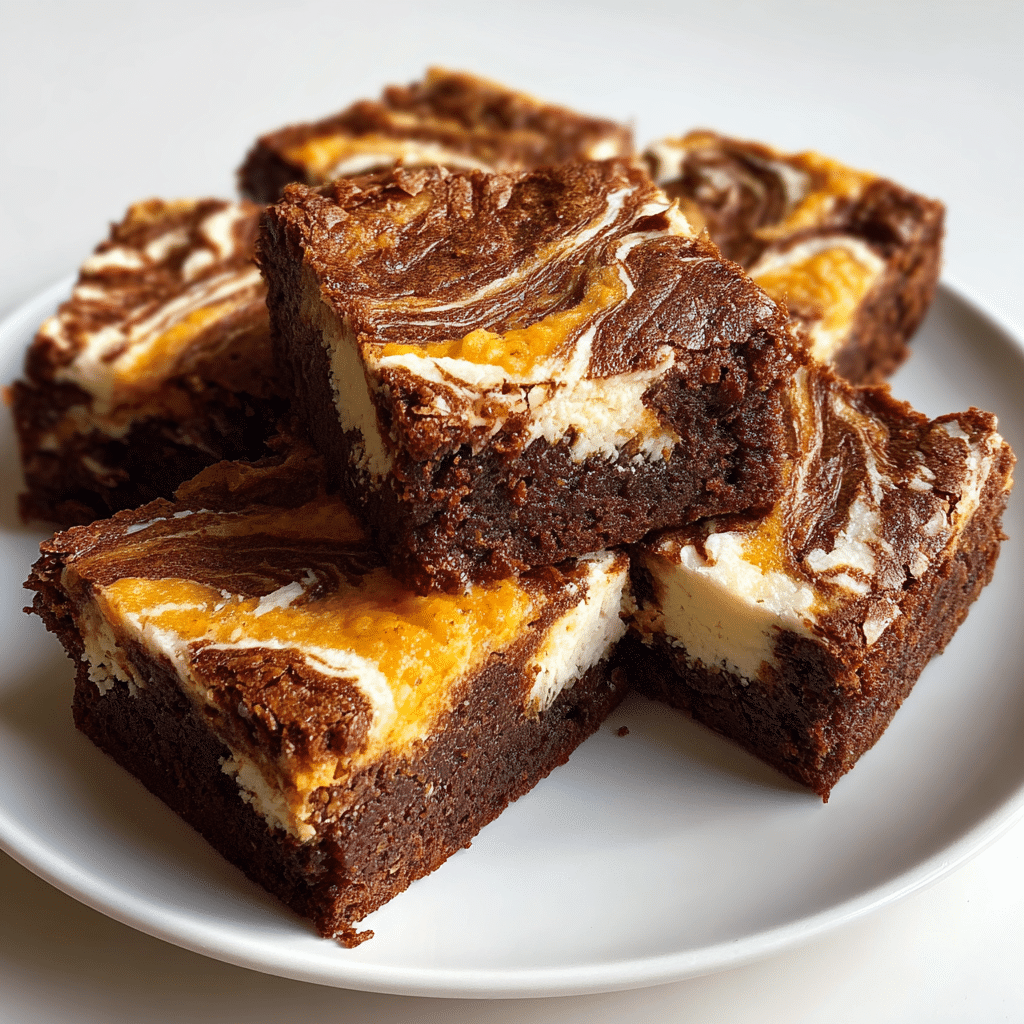 Pumpkin brownies with cream cheese swirls on top