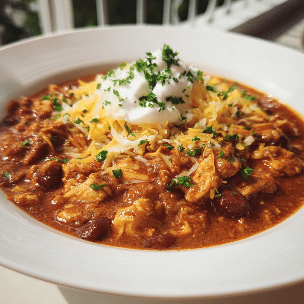 Cream cheese chicken chili topped with cheese and tortilla chips