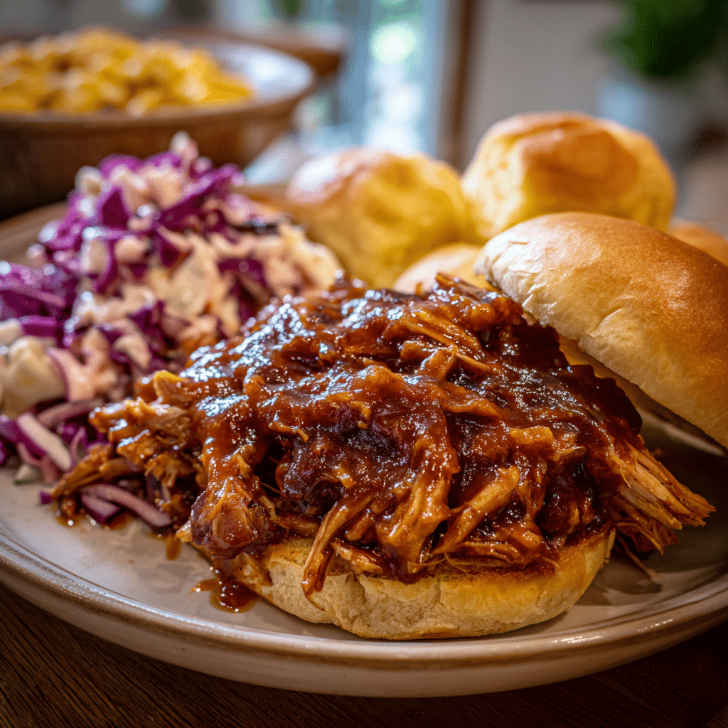 Crockpot BBQ chicken sandwich with coleslaw and sides