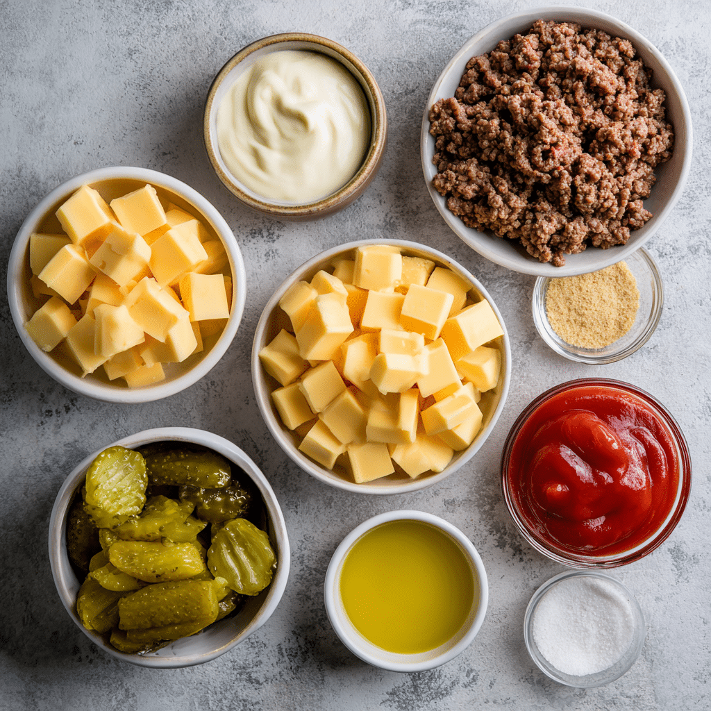 Flat lay of Crockpot Big Mac Dip ingredients including ground beef, cheese, and pickles