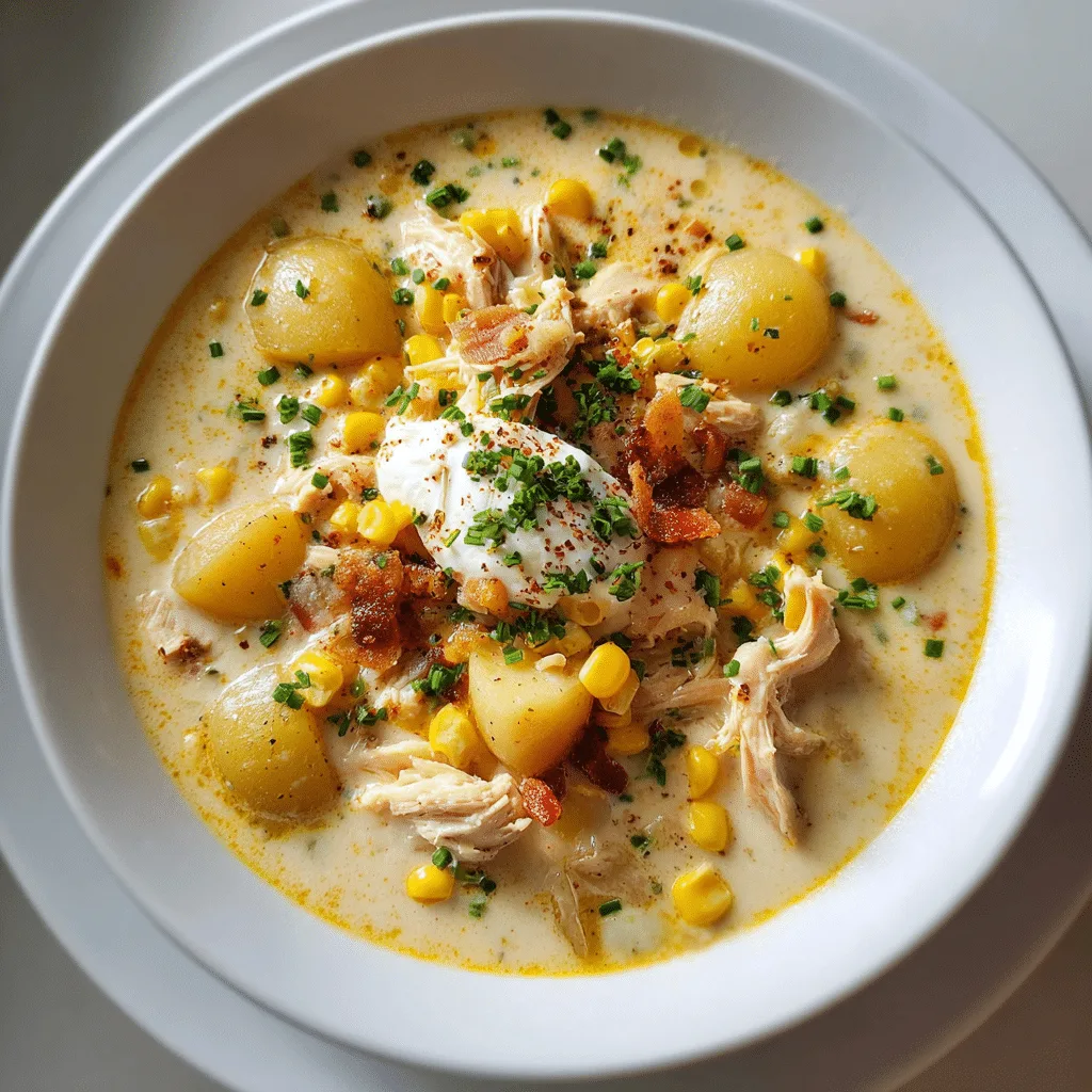 Crockpot chicken corn chowder served in a rustic bowl with herbs