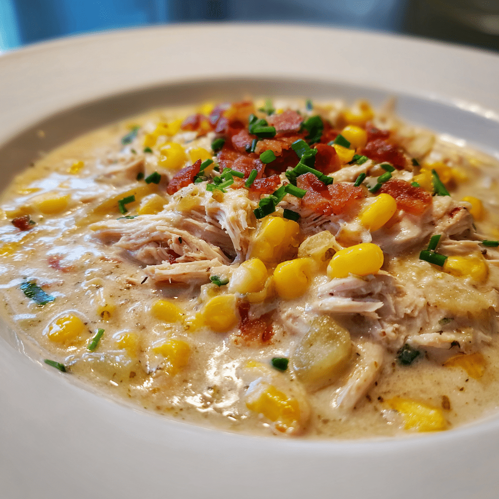 Serving crockpot chicken corn chowder with crusty bread