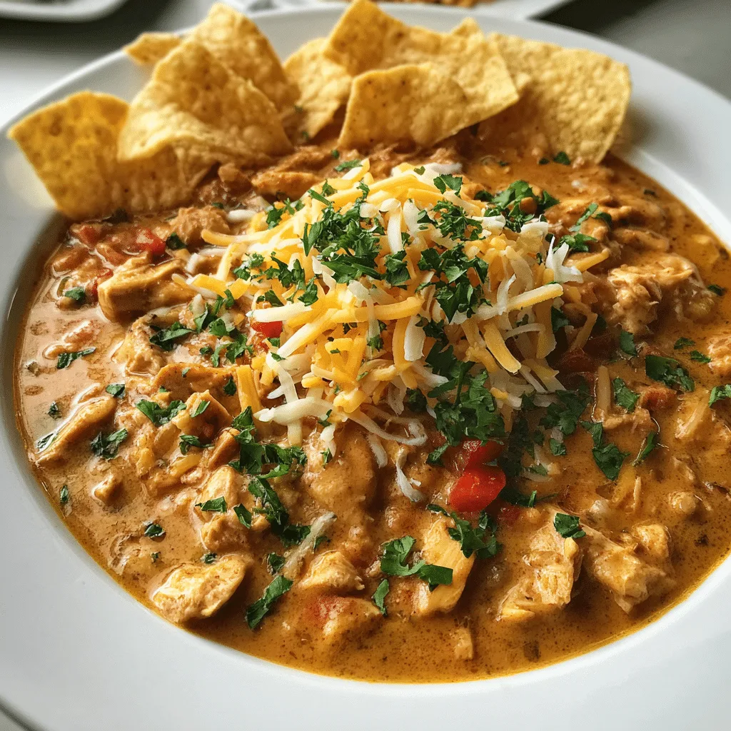 Crockpot cream cheese chicken chili served in a rustic bowl