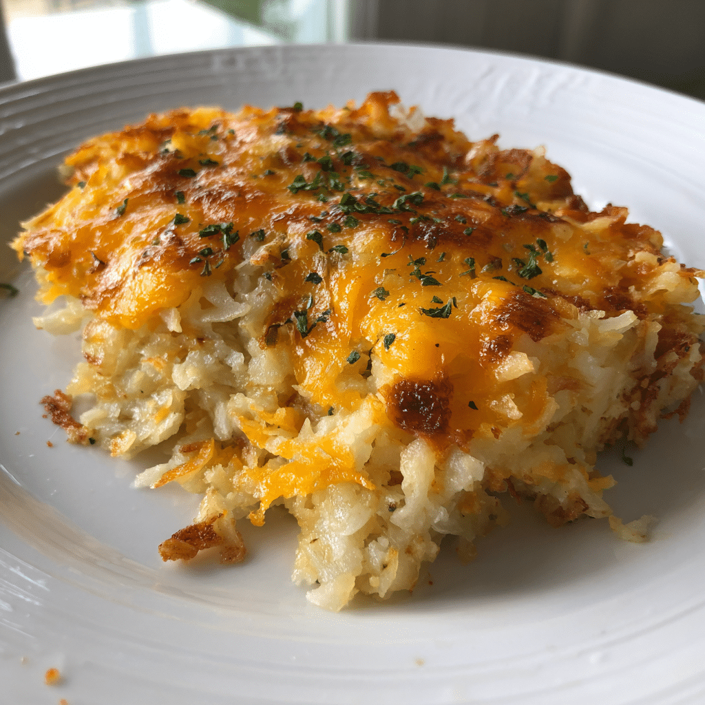 Slice of Crockpot Hashbrown Casserole served on plate