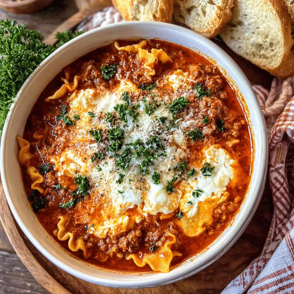 Crockpot Lasagna Soup served in a bowl with basil garnish