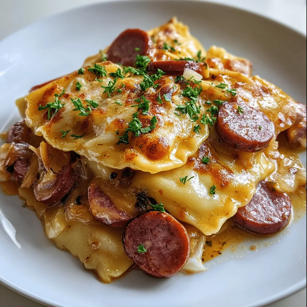 Crockpot Pierogi Casserole with Kielbasa in a rustic dish