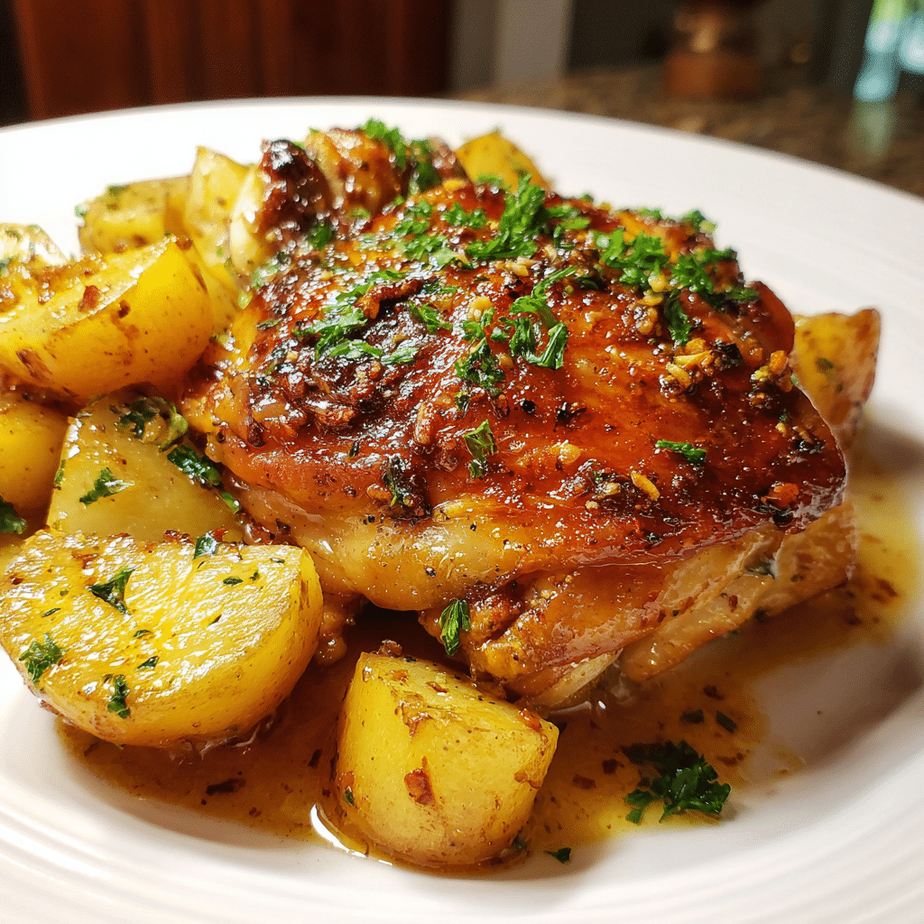 Served Garlic Parmesan Chicken & Potatoes with parsley garnish