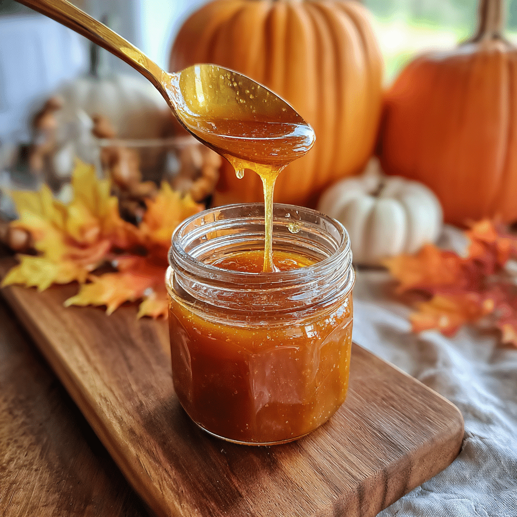 Maple pumpkin butter in a jar with drizzle of maple syrup