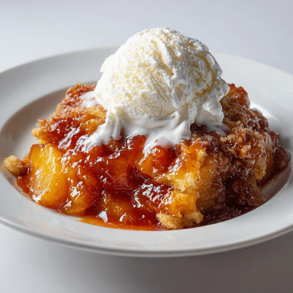 Peach cobbler in slow cooker served warm with ice cream