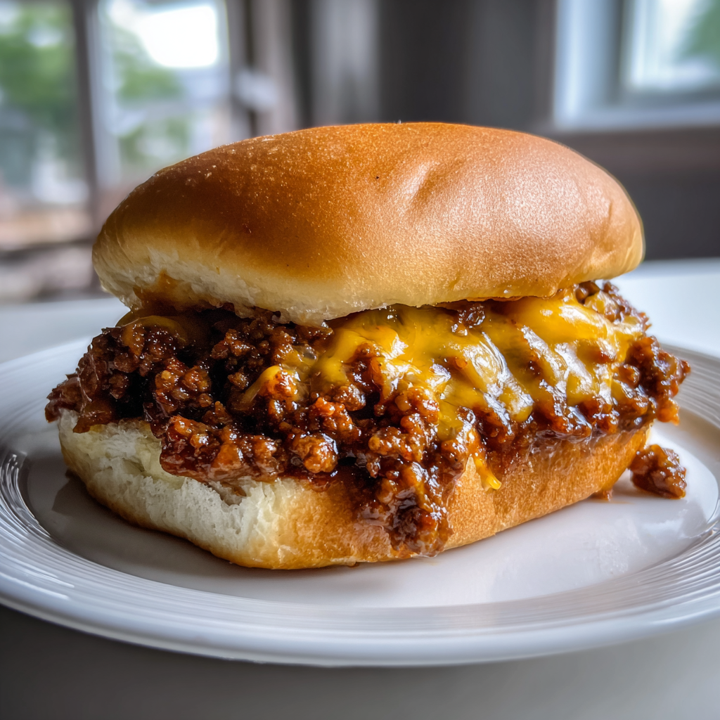 Philly Cheesesteak Sloppy Joe served on toasted buns with melted cheese