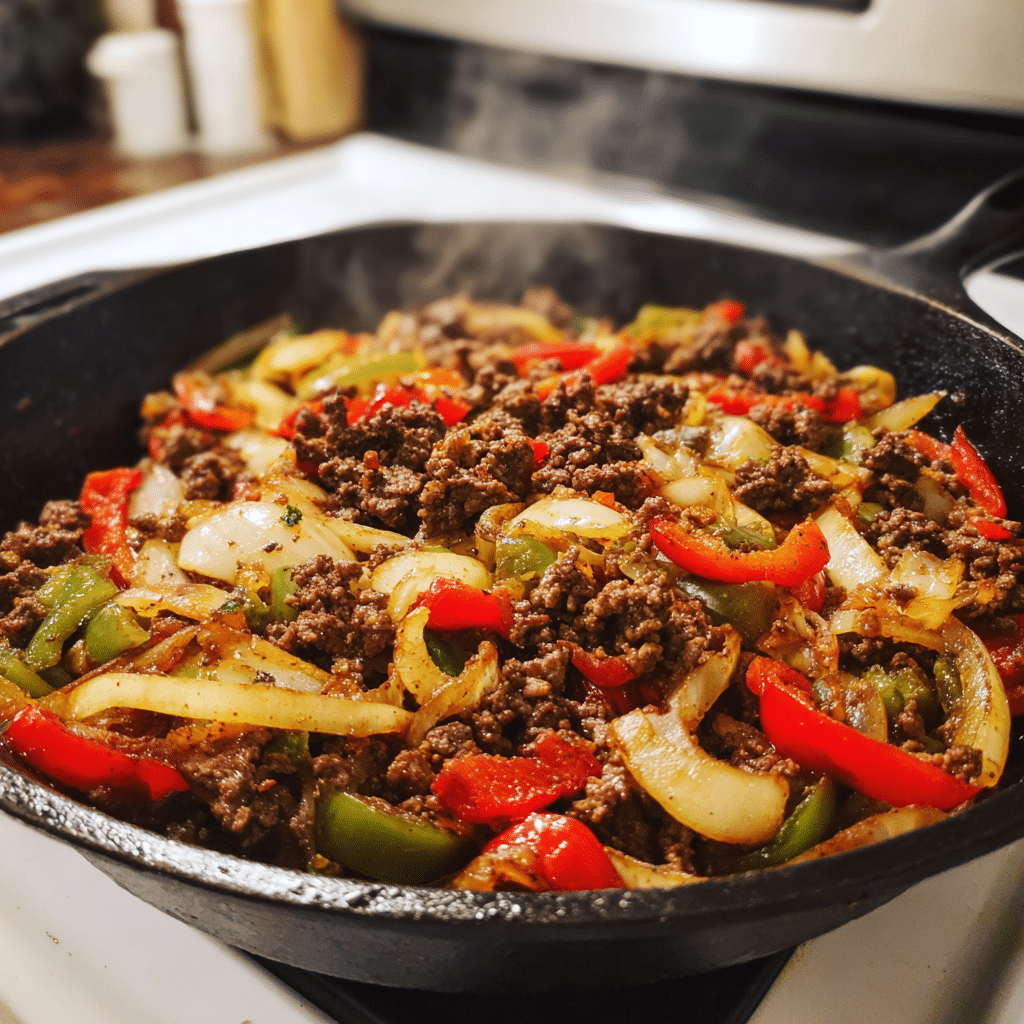 Cheese melting into skillet of beef and peppers for Philly Cheesesteak Sloppy Joe