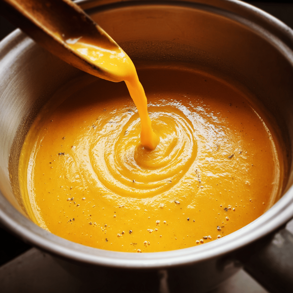 Slow cooker filled with pumpkin and squash soup in progress