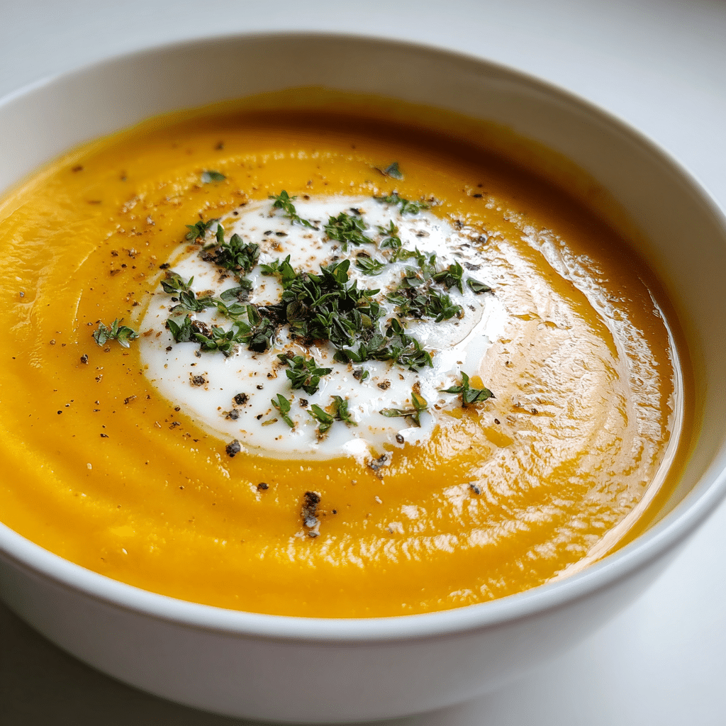 Served pumpkin butternut squash soup with garnish and bread